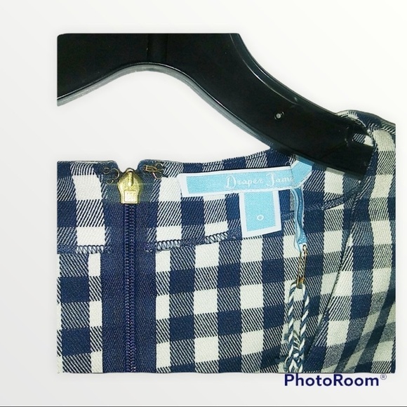 NWT DRAPER JAMES Navy Blue White Gingham Bell Sleeve Mini Shift Dress, Size 0 - Picture 5 of 6